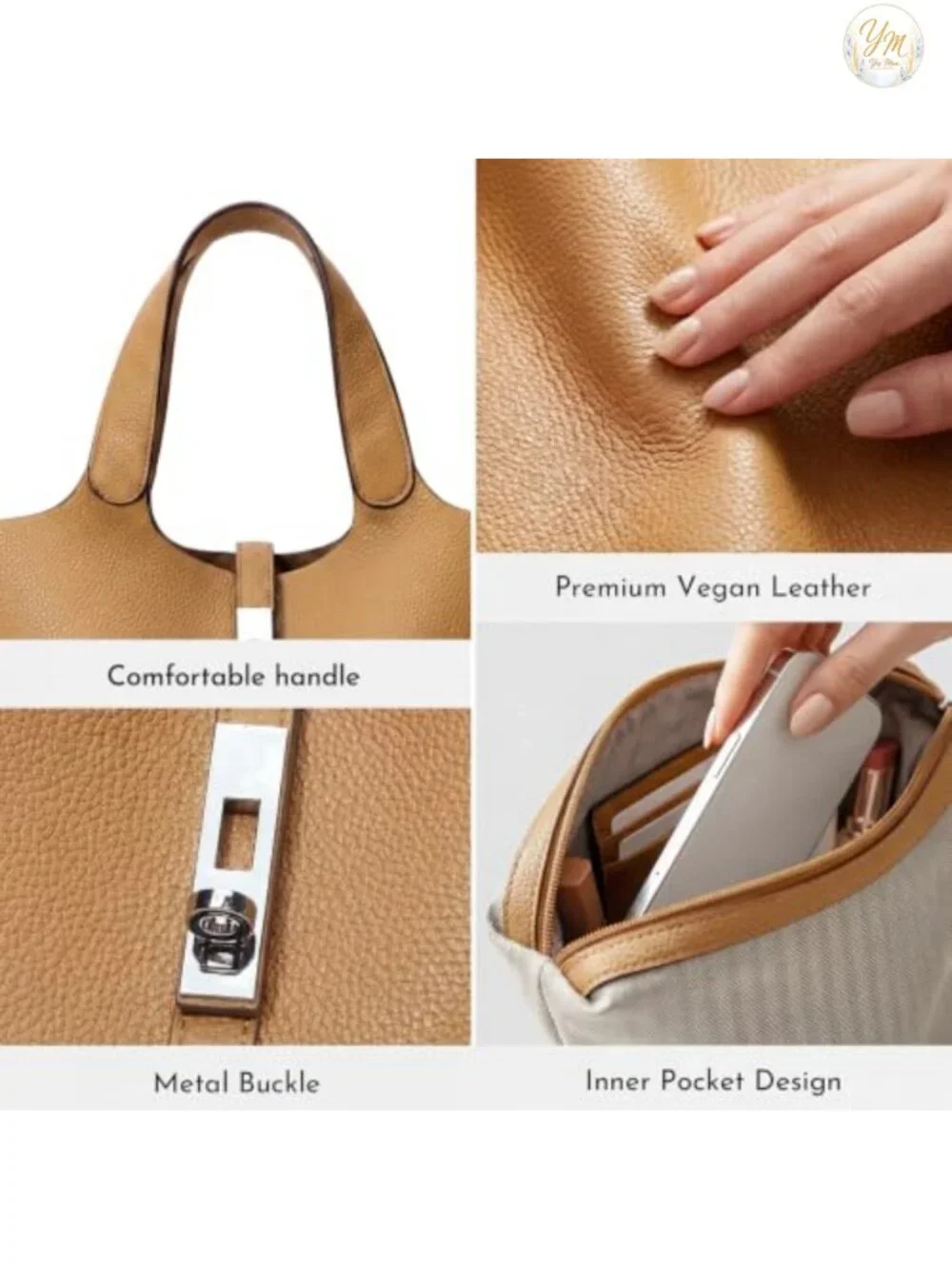 Vegan Leather Bucket Purse with Detachable Pouch Top Handle Handbag Shoulder Bag